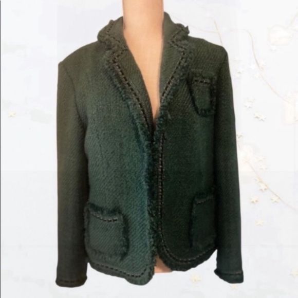 Dialogue Tweed Teal Frayed Wool Blend Blazer size 12 - Picture 2 of 14